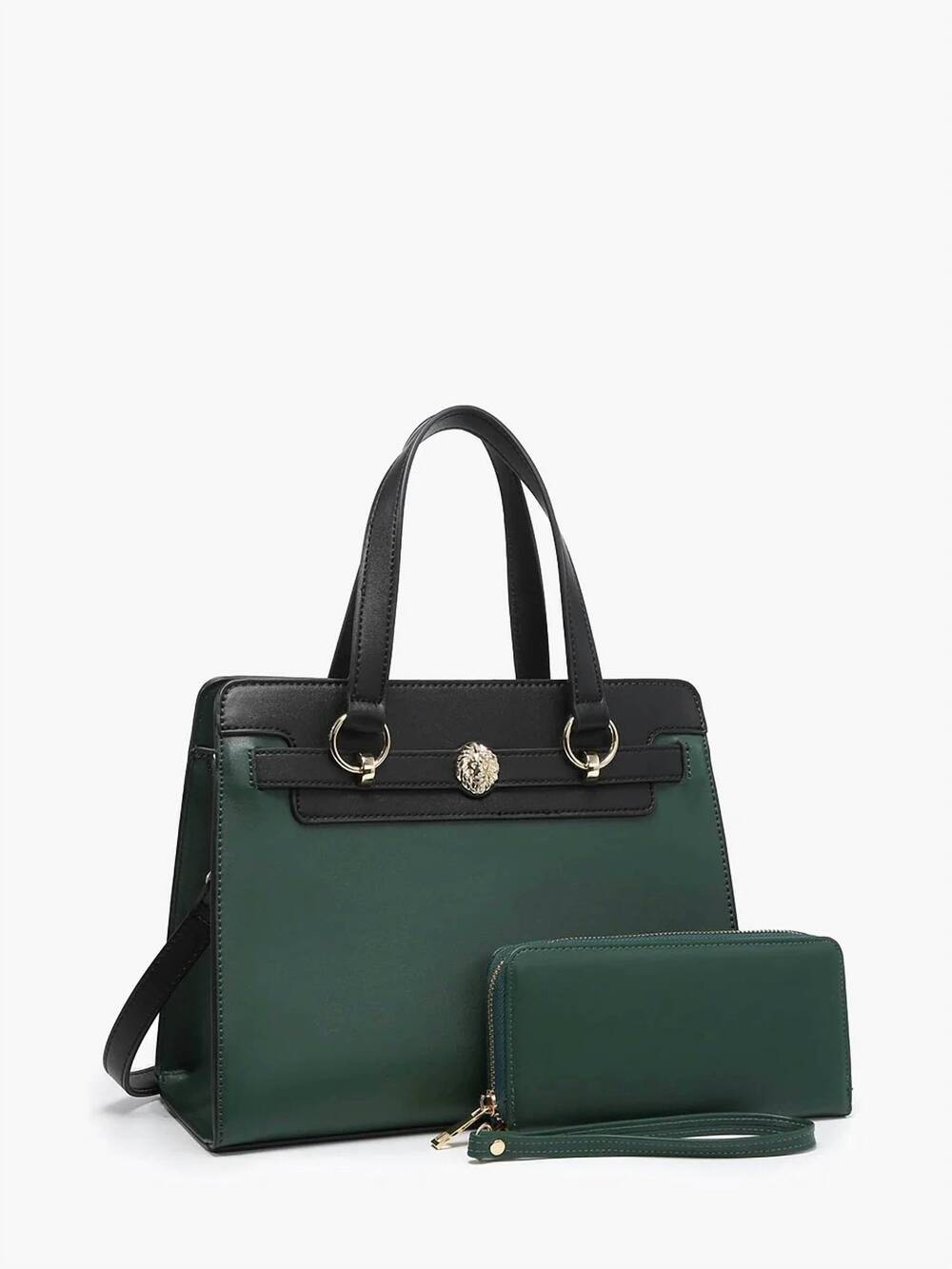 NEW JEN & CO. women's two-tone vegan leather satchel bag with wallet in hunter g
